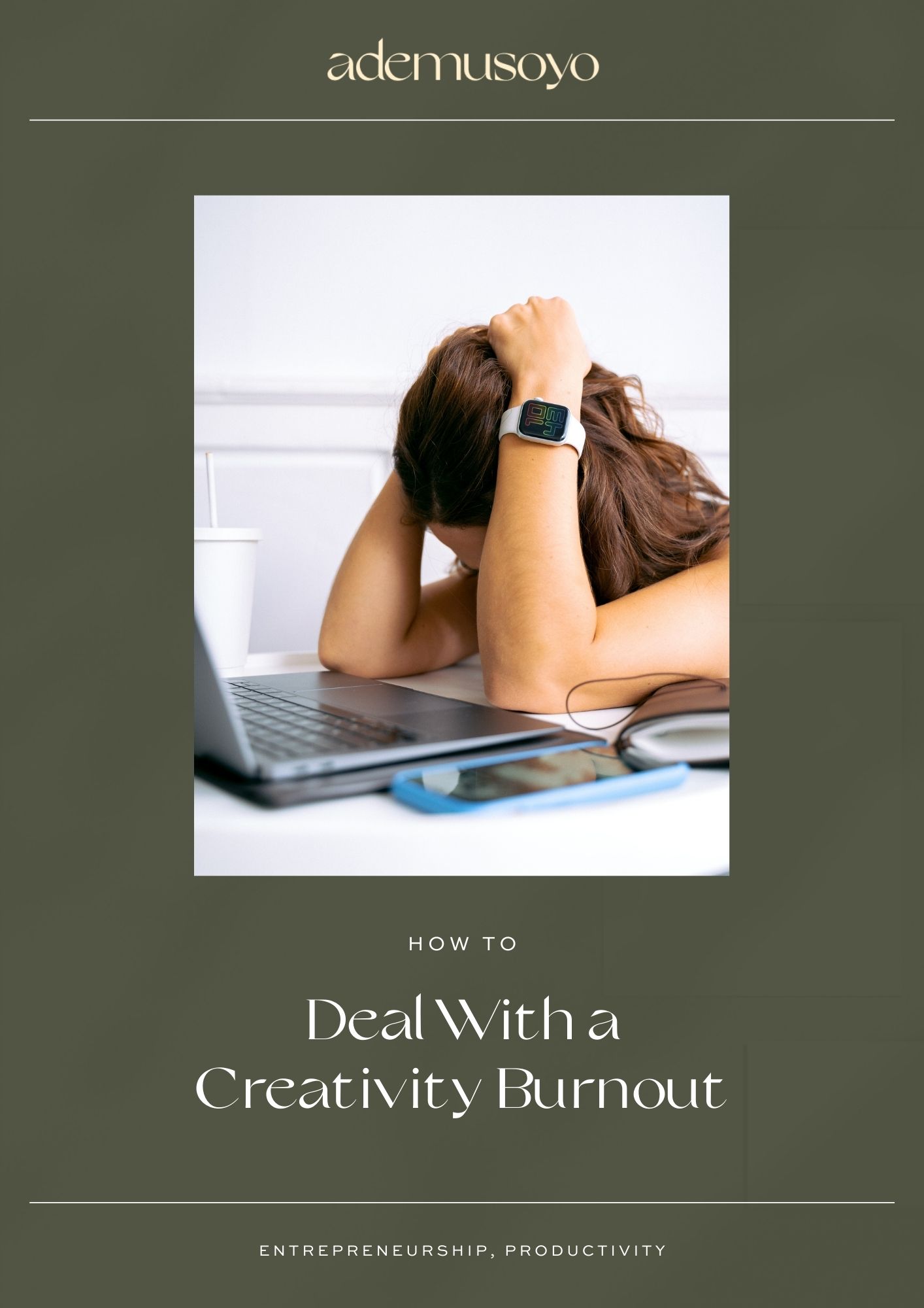 a blog cover image with a photo of a woman looking tired and frustrated on her work desk with an open laptop and a text overlay at the bottom of the photo that reads as how to deal with a creativity burnout