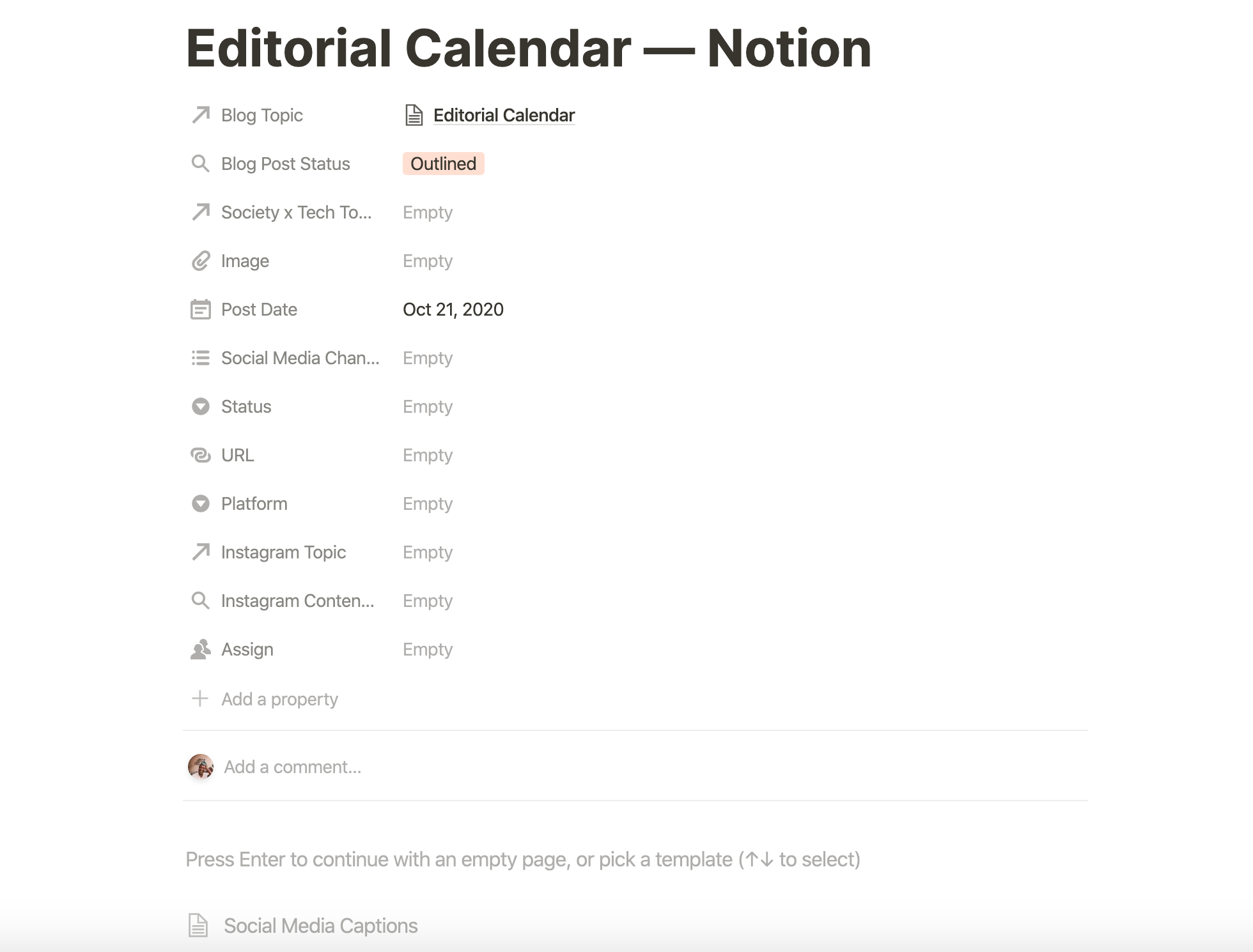 notion editorial calendar template, notion template