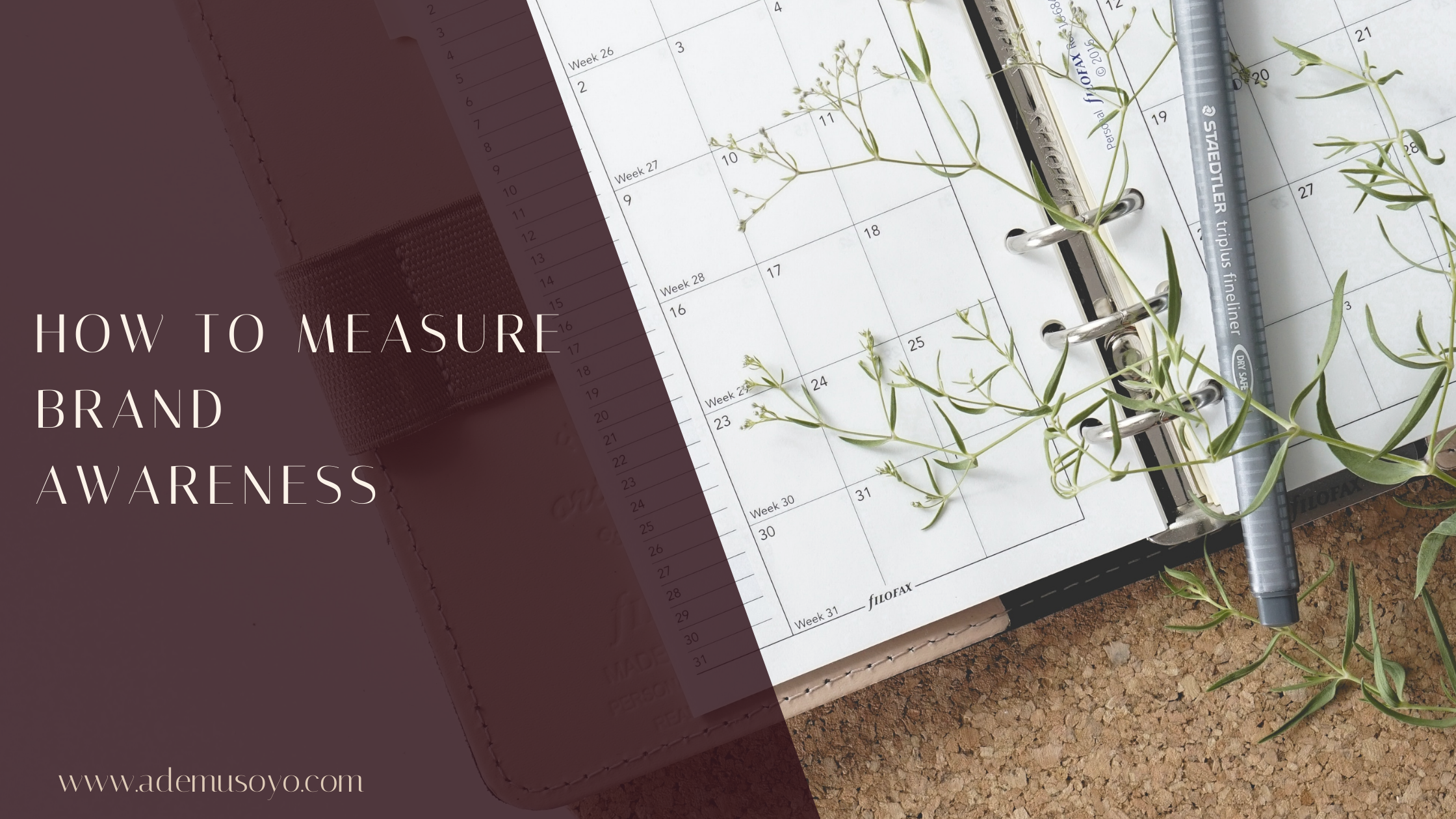 an open planner with silver-grey pen, small plant leaves and overlay text that says 'how to measure brand awareness"