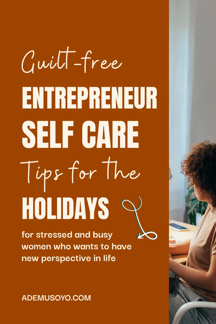 Woman entrepreneur working and making sure she's taking care of herself during this busy season. self care tips and routine ideas for the holidays