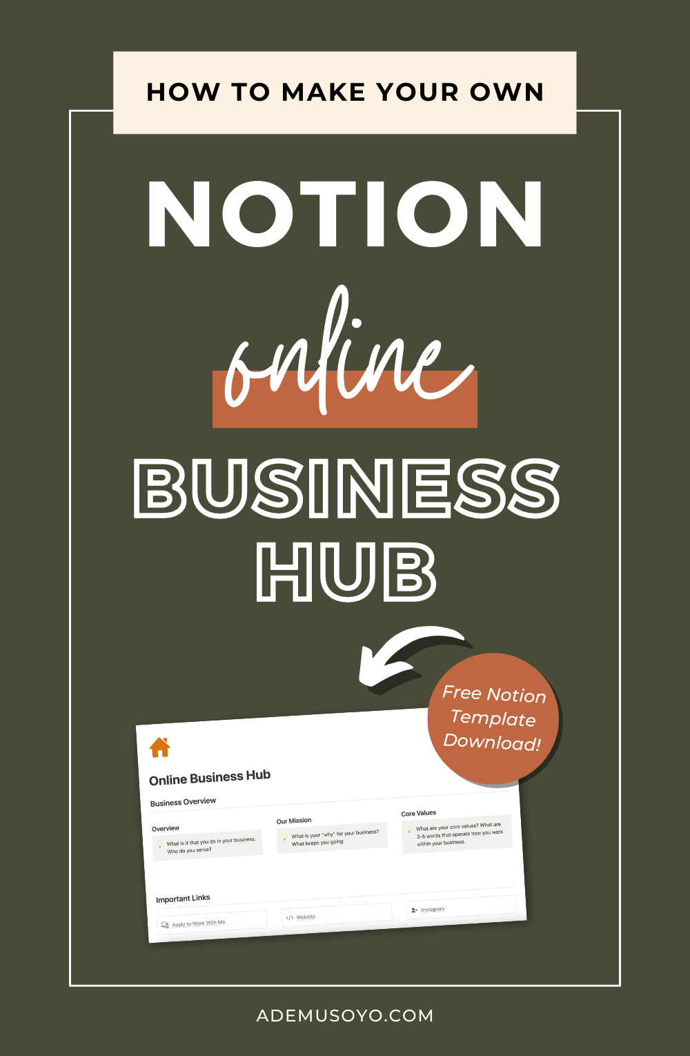 Unlock the potential of Notion as your ultimate online business hub! Customize it to fit your team's workflow and organize tasks, projects, and KPIs in one place. This ultimate guide will help you streamline your business processes quickly and easily. Visit ademusoyo.com to learn more about Notion hub, digital organization and maximizing productivity to drive business growth.