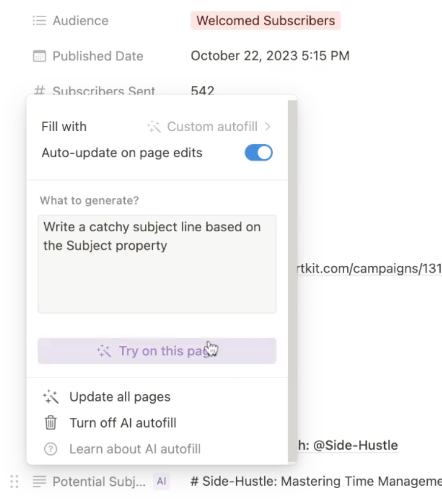 a screenshot of how to use Notion AI to come up with a subject for your email