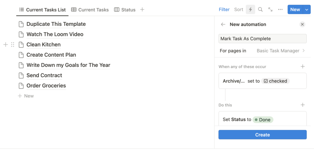 A screenshot that shows how to use Notion Database Automations to mark tasks as complete