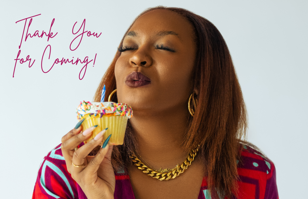 Ademusoyo holding a cupcake with a candle. A text thank you for coming! is shown on the left part of the image.
